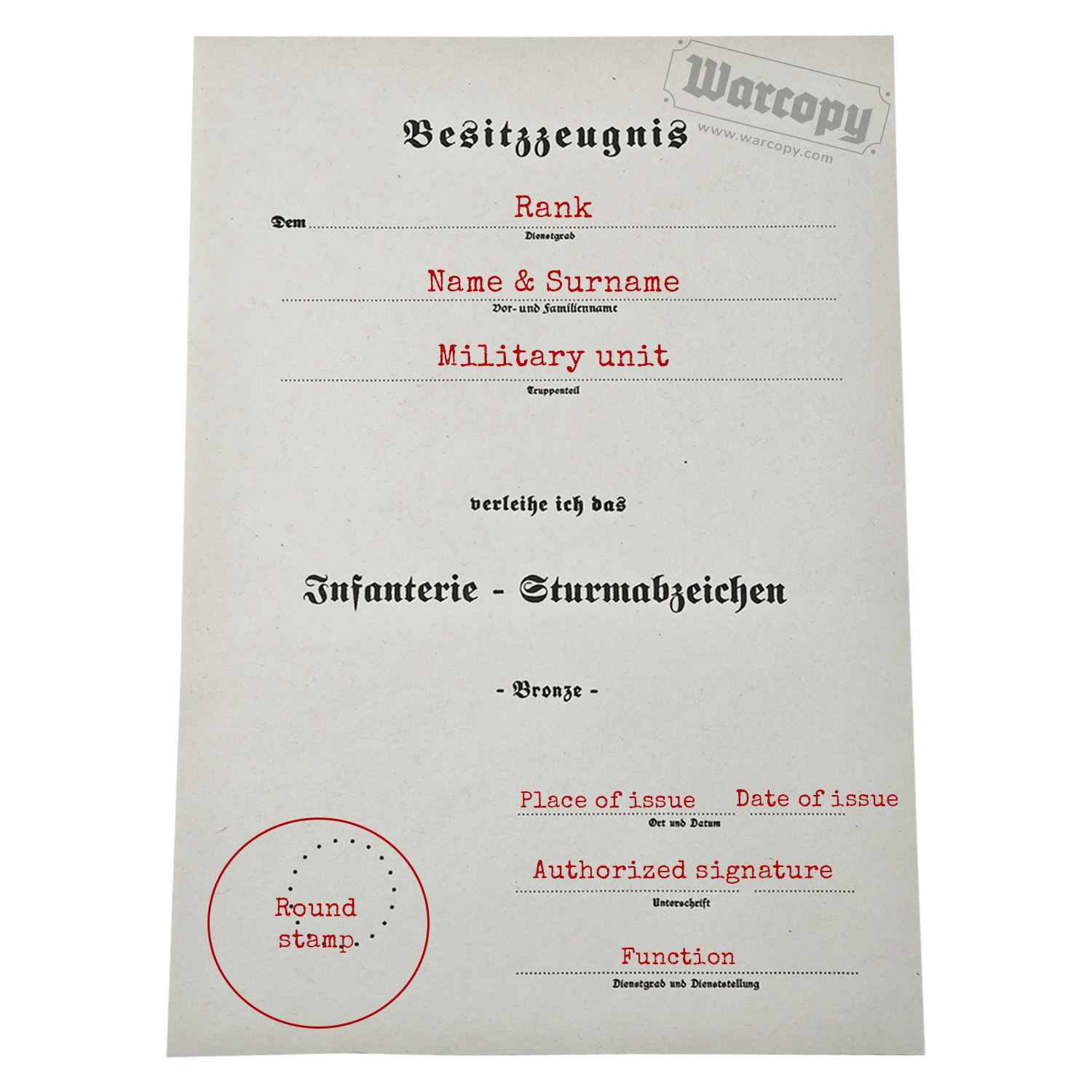 Infanterie-Sturmabzeichen bronze badge how to fill certificate